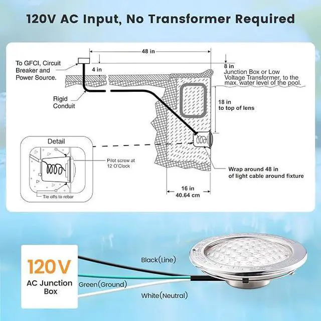 Alt view image 4 of 7 - 120V LED Pool Lights for Inground Pool, 10 Inch, 5000 Lumen | 50W LED (500W Equivalent), 5000 Lumen Ultra Bright Upgrade, Cool White Inground Pool Light, Fits 10" Wet Niches, 100FT Cord