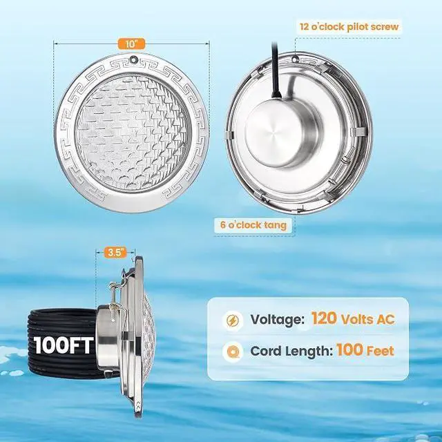 Alt view image 2 of 7 - 120V LED Pool Lights for Inground Pool, 10 Inch, 5000 Lumen | 50W LED (500W Equivalent), 5000 Lumen Ultra Bright Upgrade, Cool White Inground Pool Light, Fits 10" Wet Niches, 100FT Cord