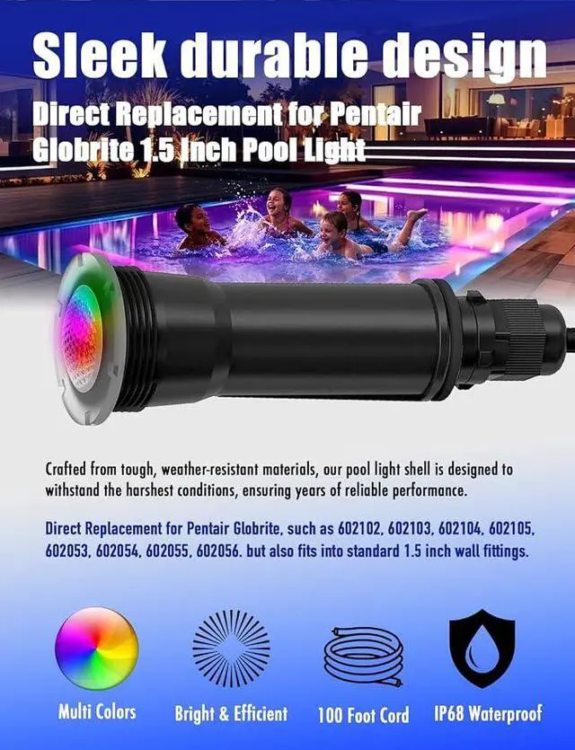 Alt view image 3 of 7 - Direct Replacement for Pentair GloBrite Pool Light, 1.5 Inch LED Color Pool Light for Inground Pool, AC12V Underwater Swimming Pool Light Fixture with 100ft Cord IP68 Waterproof