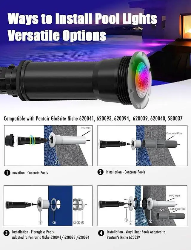 Alt view image 5 of 7 - Direct Replacement for Pentair GloBrite Pool Light, 1.5 Inch LED Color Pool Light for Inground Pool, AC12V Underwater Swimming Pool Light Fixture with 100ft Cord IP68 Waterproof