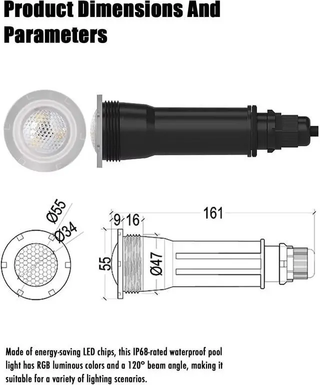 Alt view image 7 of 7 - Direct Replacement for Pentair GloBrite Pool Light, 1.5 Inch LED Color Pool Light for Inground Pool, AC12V Underwater Swimming Pool Light Fixture with 100ft Cord IP68 Waterproof