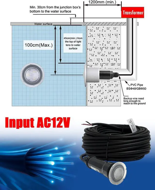 Alt view image 4 of 7 - Direct Replacement for Pentair GloBrite Pool Light, 1.5 Inch LED Color Pool Light for Inground Pool, AC12V Underwater Swimming Pool Light Fixture with 100ft Cord IP68 Waterproof