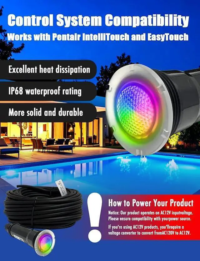 Alt view image 2 of 7 - Direct Replacement for Pentair GloBrite Pool Light, 1.5 Inch LED Color Pool Light for Inground Pool, AC12V Underwater Swimming Pool Light Fixture with 100ft Cord IP68 Waterproof