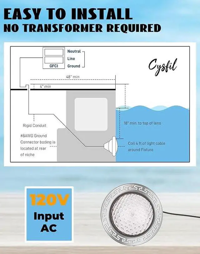 Alt view image 4 of 7 - 10 Inch Pool Lights for Inground Pool, IP68 Waterproof LED Pool Light 50W 120V with 50FT Cord, 16 Color Modes, Easy Installation Pool Light Replacement for Backyard, Patio, Spa, Homeowners
