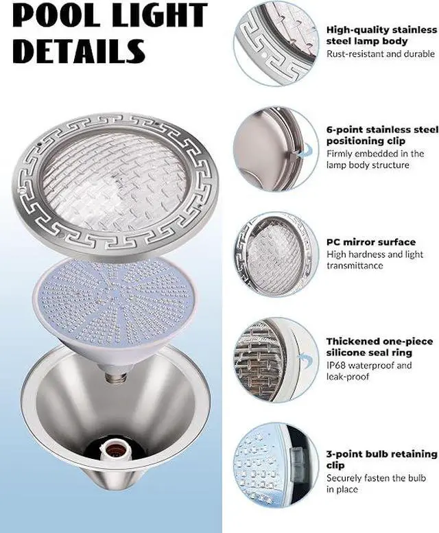 Alt view image 3 of 7 - 10 Inch Pool Lights for Inground Pool, IP68 Waterproof LED Pool Light 50W 120V with 50FT Cord, 16 Color Modes, Easy Installation Pool Light Replacement for Backyard, Patio, Spa, Homeowners
