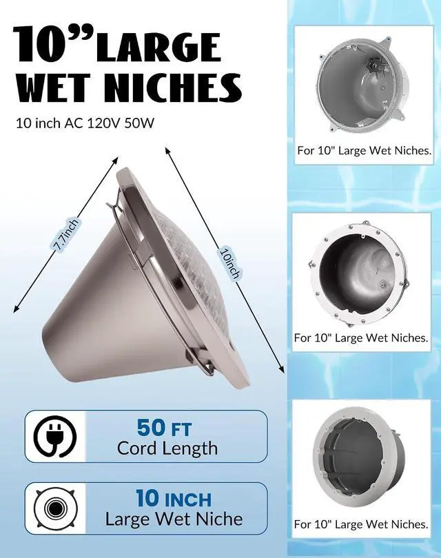 Alt view image 7 of 7 - 10 Inch Pool Lights for Inground Pool, IP68 Waterproof LED Pool Light 50W 120V with 50FT Cord, 16 Color Modes, Easy Installation Pool Light Replacement for Backyard, Patio, Spa, Homeowners
