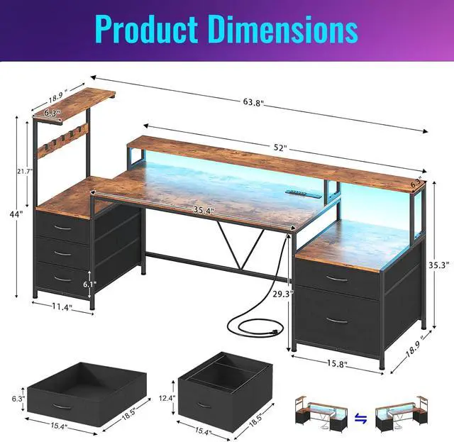 Alt view image 5 of 7 - 63" Gaming Desk with Drawers, Storage Shelves and Printer Stand, Computer Desk with Monitor Stand and LED Lights, Reversible Home Office Desk with Printer Shelf, Rustic Brown