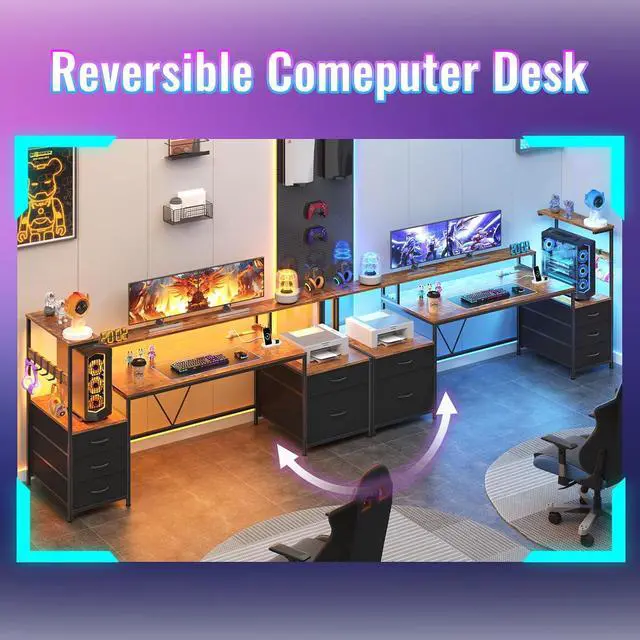 Alt view image 4 of 7 - 63" Gaming Desk with Drawers, Storage Shelves and Printer Stand, Computer Desk with Monitor Stand and LED Lights, Reversible Home Office Desk with Printer Shelf, Rustic Brown