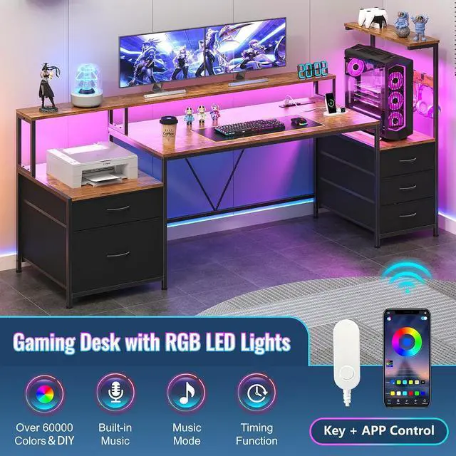 Alt view image 7 of 7 - 63" Gaming Desk with Drawers, Storage Shelves and Printer Stand, Computer Desk with Monitor Stand and LED Lights, Reversible Home Office Desk with Printer Shelf, Rustic Brown
