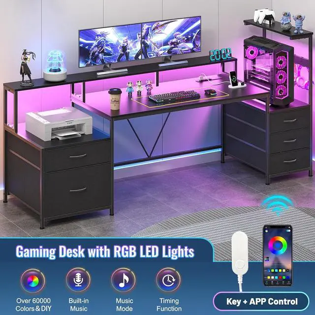 Alt view image 3 of 7 - 63" Gaming Desk with Drawers, Storage Shelves and Printer Stand, Computer Desk with Monitor Stand and LED Lights, Reversible Home Office Desk with Printer Shelf, Black