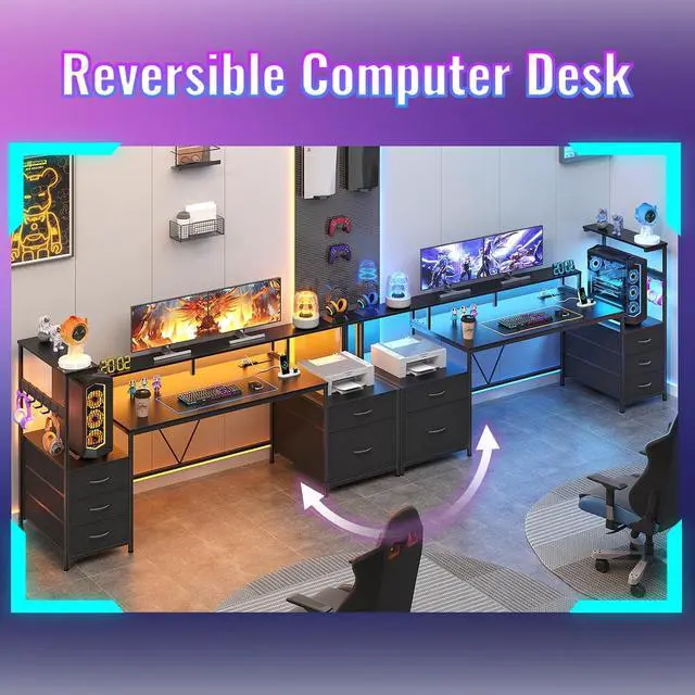 Alt view image 5 of 7 - 63" Gaming Desk with Drawers, Storage Shelves and Printer Stand, Computer Desk with Monitor Stand and LED Lights, Reversible Home Office Desk with Printer Shelf, Black