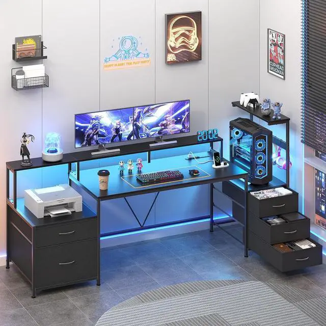 Main image of 63" Gaming Desk with Drawers, Storage Shelves and Printer Stand, Computer Desk with Monitor Stand and LED Lights, Reversible Home Office Desk with Printer Shelf, Black