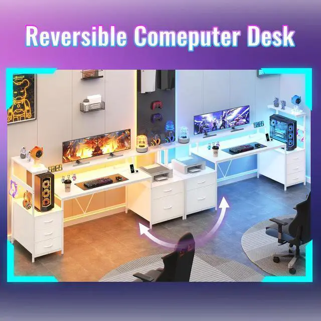 Alt view image 4 of 7 - 63" Gaming Desk with Drawers, Storage Shelves and Printer Stand, Computer Desk with Monitor Stand and LED Lights, Reversible Home Office Desk with Printer Shelf, White