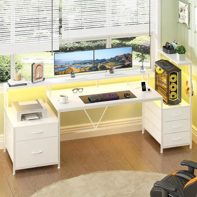 Main image of 63" Gaming Desk with Drawers, Storage Shelves and Printer Stand, Computer Desk with Monitor Stand and LED Lights, Reversible Home Office Desk with Printer Shelf, White