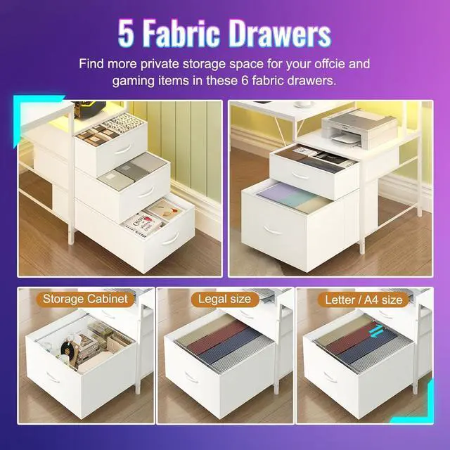 Alt view image 6 of 7 - 63" Gaming Desk with Drawers, Storage Shelves and Printer Stand, Computer Desk with Monitor Stand and LED Lights, Reversible Home Office Desk with Printer Shelf, White