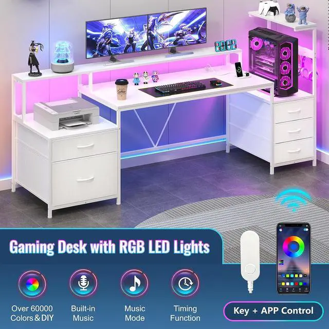 Alt view image 7 of 7 - 63" Gaming Desk with Drawers, Storage Shelves and Printer Stand, Computer Desk with Monitor Stand and LED Lights, Reversible Home Office Desk with Printer Shelf, White