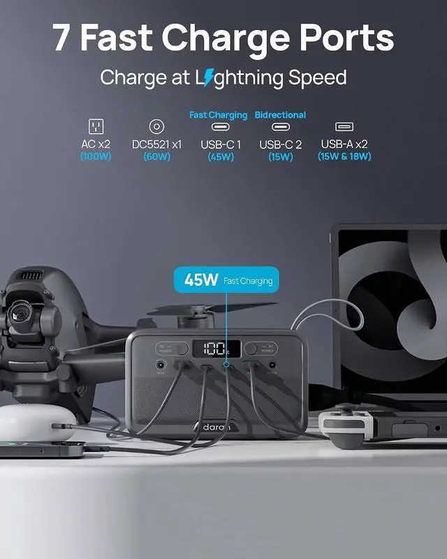 Alt view image 4 of 5 - Portable Power Station 89.6Wh 100W(200W Peak) Power Bank with AC Outlet, LiFePO4 Battery Fast Charging Small Generator for Laptop/Camping/Travel/Home/Emergency, TSA Approved