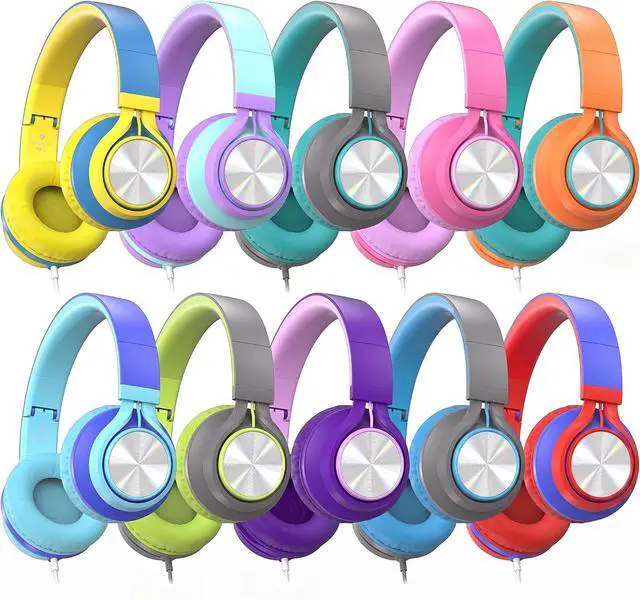 Main image of Classroom Headphones Bulk 10 Pack with Microphone, Multicolor On-Ear Wired Kids Headphones for School with 3.5mm Jack for Library Online Learning,Chromebook, Tablet, Tangle-free Cord