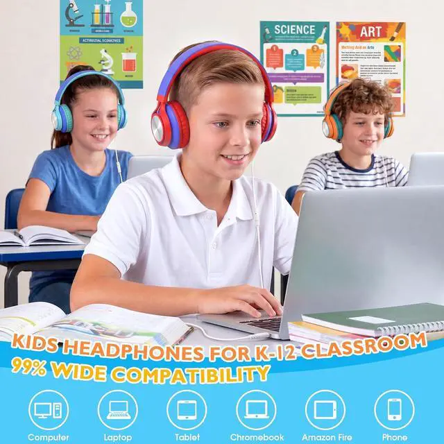 Alt view image 4 of 7 - Classroom Headphones Bulk 10 Pack with Microphone, Multicolor On-Ear Wired Kids Headphones for School with 3.5mm Jack for Library Online Learning,Chromebook, Tablet, Tangle-free Cord