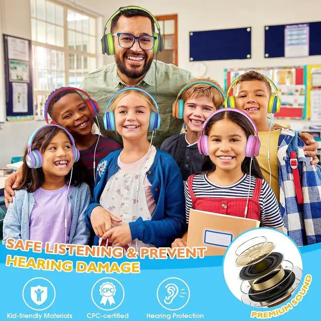 Alt view image 5 of 7 - Classroom Headphones Bulk 10 Pack with Microphone, Multicolor On-Ear Wired Kids Headphones for School with 3.5mm Jack for Library Online Learning,Chromebook, Tablet, Tangle-free Cord