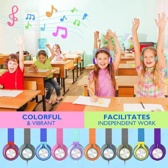 Alt view image 3 of 7 - Classroom Headphones Bulk 10 Pack with Microphone, Multicolor On-Ear Wired Kids Headphones for School with 3.5mm Jack for Library Online Learning,Chromebook, Tablet, Tangle-free Cord