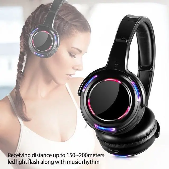 Alt view image 3 of 7 - 10pcs Bundle Wireless Silent Disco LED Flashing Light Headphones with 1 Transmitter 500m Distance