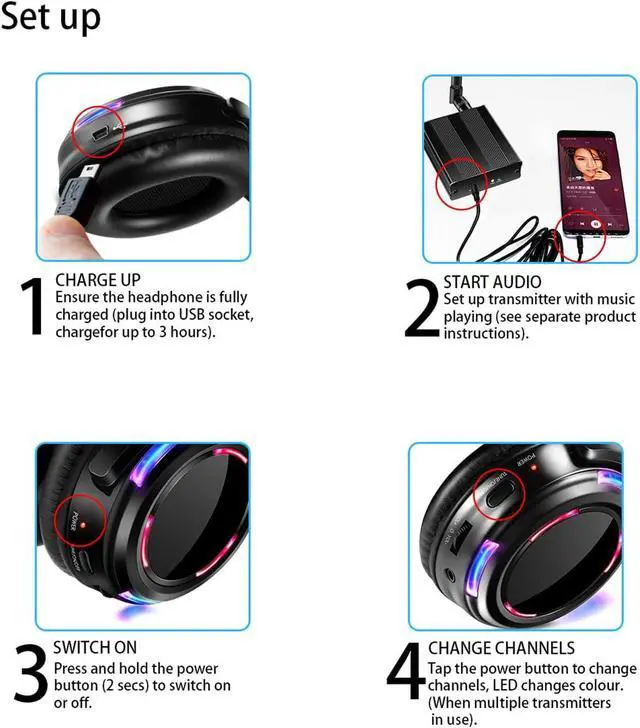 Alt view image 7 of 7 - 10pcs Bundle Wireless Silent Disco LED Flashing Light Headphones with 1 Transmitter 500m Distance