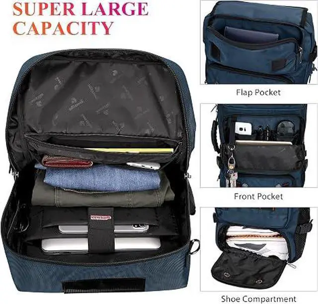 Alt view image 6 of 7 - Carry on Travel Backpack for Men Airline Approved Fits 16" Laptop | Nylon 3 in 1 Luggage Duffle Bag with USB Charging Port, Shoe Compartment, For Weekend Getaway, Overnight Trip, B682 Blue