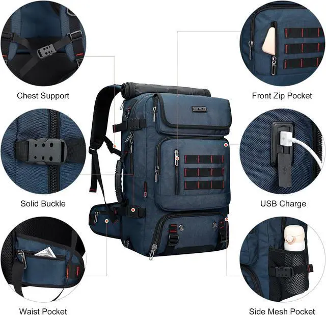 Alt view image 5 of 7 - Carry on Travel Backpack for Men Airline Approved Fits 16" Laptop | Nylon 3 in 1 Luggage Duffle Bag with USB Charging Port, Shoe Compartment, For Weekend Getaway, Overnight Trip, B682 Blue