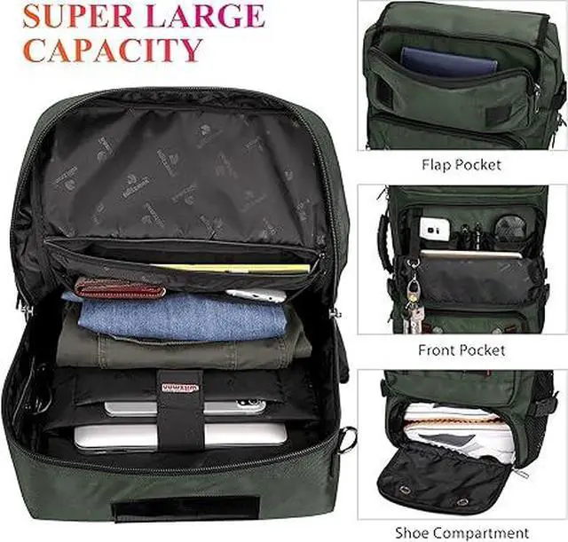 Alt view image 4 of 7 - Carry on Travel Backpack for Men Airline Approved Fits 16" Laptop | Nylon 3 in 1 Luggage Duffle Bag with USB Charging Port, Shoe Compartment, For Weekend Getaway, Overnight Trip, B682 Green