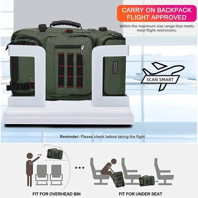 Alt view image 6 of 7 - Carry on Travel Backpack for Men Airline Approved Fits 16" Laptop | Nylon 3 in 1 Luggage Duffle Bag with USB Charging Port, Shoe Compartment, For Weekend Getaway, Overnight Trip, B682 Green
