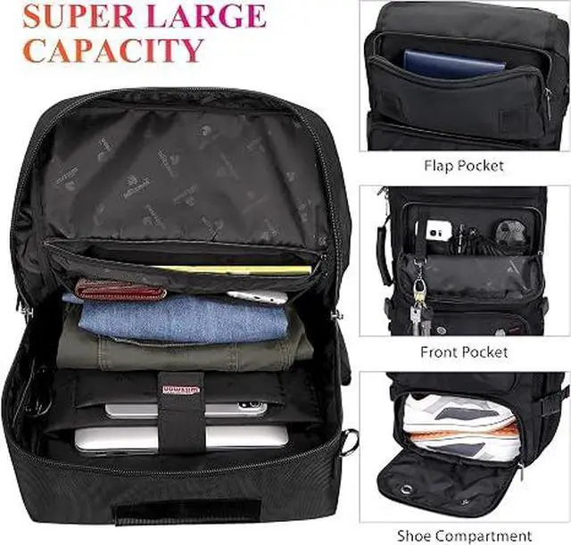 Alt view image 4 of 7 - Carry on Travel Backpack for Men Airline Approved Fits 16" Laptop | Nylon 3 in 1 Luggage Duffle Bag with USB Charging Port, Shoe Compartment, For Weekend Getaway, Overnight Trip, B682 Black