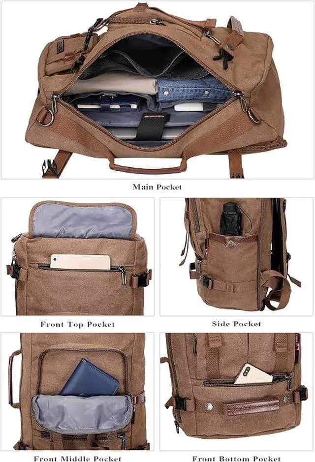 Alt view image 4 of 7 - Canvas Travel Backpack for Men Vintage Laptop Backpack | Convertible 3 in 1 Bag, Carry on Luggage Backpack, Airline Approved, For Travel, Daily, Weekend Getaway, A519-2 Brown