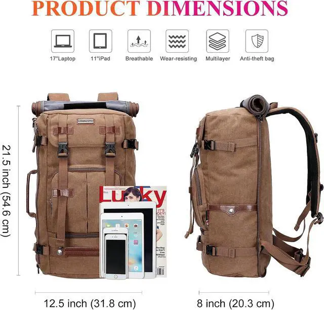Alt view image 5 of 7 - Canvas Travel Backpack for Men Vintage Laptop Backpack | Convertible 3 in 1 Bag, Carry on Luggage Backpack, Airline Approved, For Travel, Daily, Weekend Getaway, A519-2 Brown