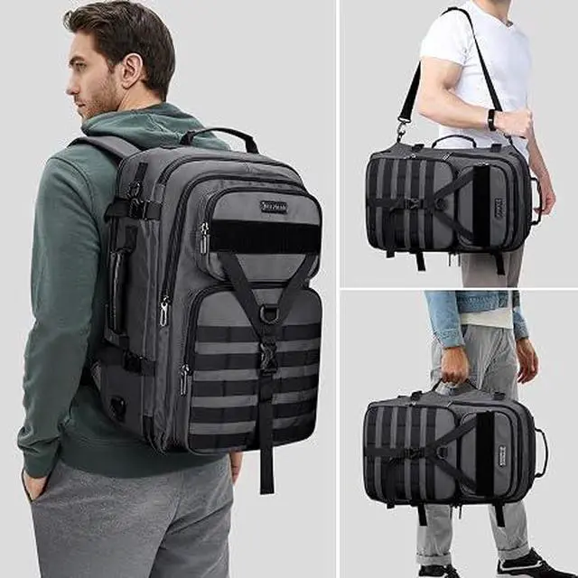 Alt view image 2 of 7 - Travel Backpack for Men 45L Convertible Bag Fits 17" Laptop | Large Nylon Carry on Luggage Bag, 3 in 1 Laptop Backpack Airline Approved, For Weekend Getaway, Overnight Trip, B688 Grey