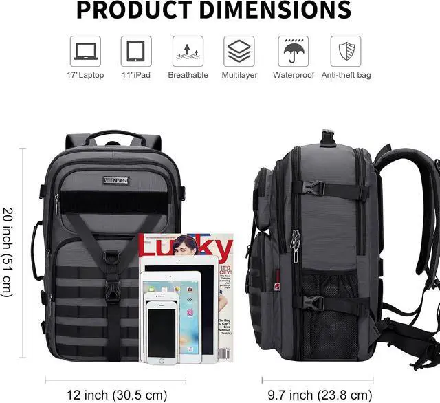 Alt view image 4 of 7 - Travel Backpack for Men 45L Convertible Bag Fits 17" Laptop | Large Nylon Carry on Luggage Bag, 3 in 1 Laptop Backpack Airline Approved, For Weekend Getaway, Overnight Trip, B688 Grey