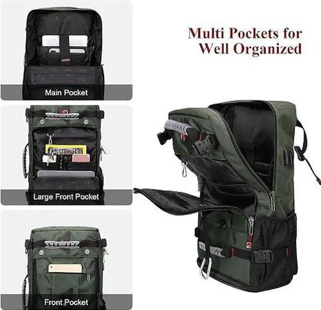Alt view image 6 of 7 - Travel Backpack for Men Duffle Luggage Bag with USB Charging Port | Carry on Fits 17 Inch Laptop Airline Approved, Shoe Compartment, For Weekend Getaway, Overnight Trip, B681 Army Green