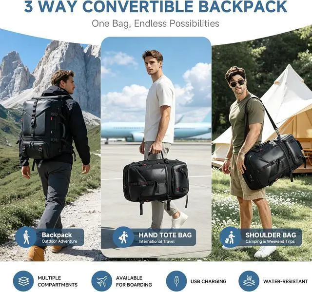 Alt view image 7 of 7 - Carry-on Travel Backpack for Men, Airline Approved Convertible Duffle Backpack with Shoe Compartment & USB Charging Port, Water Resistant 17.3 Inch Laptop Backpack for Travel Gym Camping
