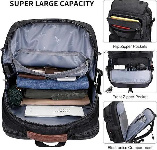 Alt view image 3 of 7 - Canvas Travel Backpack for Men Large Laptop Backpack Fits 16 Inch | Carryon TSA Friendly Flight Approved, Vintage Luggage Bag with USB Port Airline Approved, For Weekend Trips, A8012 Black