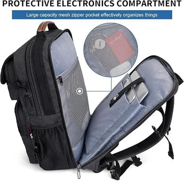 Alt view image 5 of 7 - Canvas Travel Backpack for Men Large Laptop Backpack Fits 16 Inch | Carryon TSA Friendly Flight Approved, Vintage Luggage Bag with USB Port Airline Approved, For Weekend Trips, A8012 Black