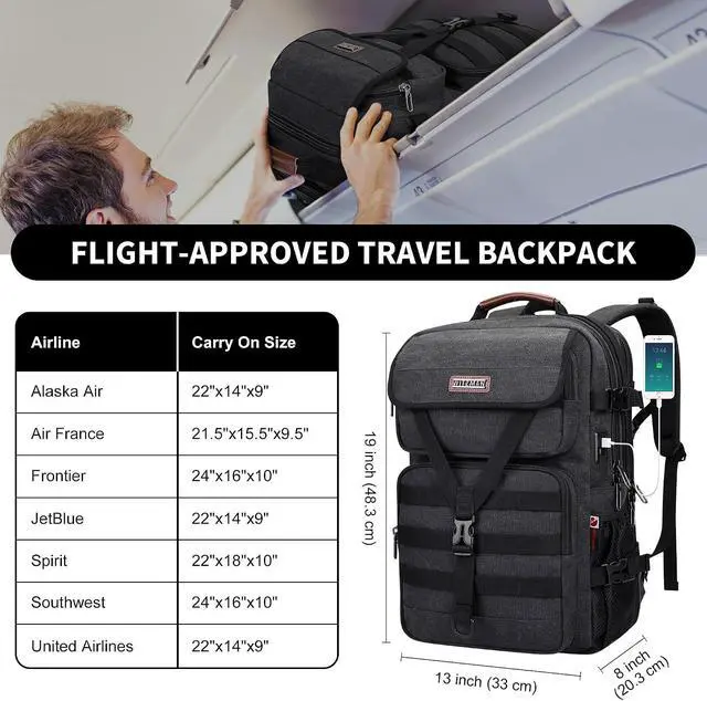 Alt view image 7 of 7 - Canvas Travel Backpack for Men Large Laptop Backpack Fits 16 Inch | Carryon TSA Friendly Flight Approved, Vintage Luggage Bag with USB Port Airline Approved, For Weekend Trips, A8012 Black