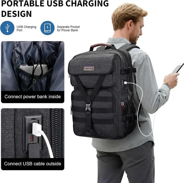 Alt view image 4 of 7 - Canvas Travel Backpack for Men Large Laptop Backpack Fits 16 Inch | Carryon TSA Friendly Flight Approved, Vintage Luggage Bag with USB Port Airline Approved, For Weekend Trips, A8012 Black