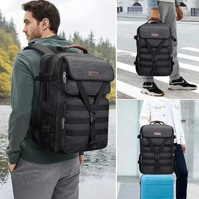 Alt view image 2 of 7 - Canvas Travel Backpack for Men Large Laptop Backpack Fits 16 Inch | Carryon TSA Friendly Flight Approved, Vintage Luggage Bag with USB Port Airline Approved, For Weekend Trips, A8012 Black
