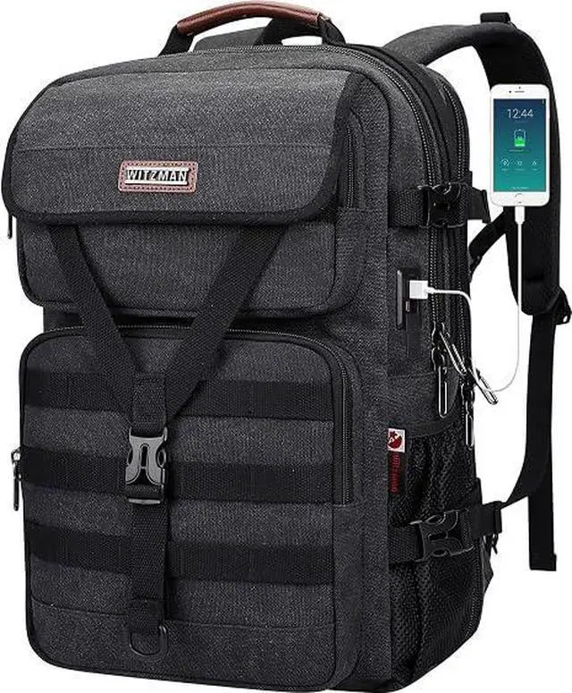 Main image of Canvas Travel Backpack for Men Large Laptop Backpack Fits 16 Inch | Carryon TSA Friendly Flight Approved, Vintage Luggage Bag with USB Port Airline Approved, For Weekend Trips, A8012 Black