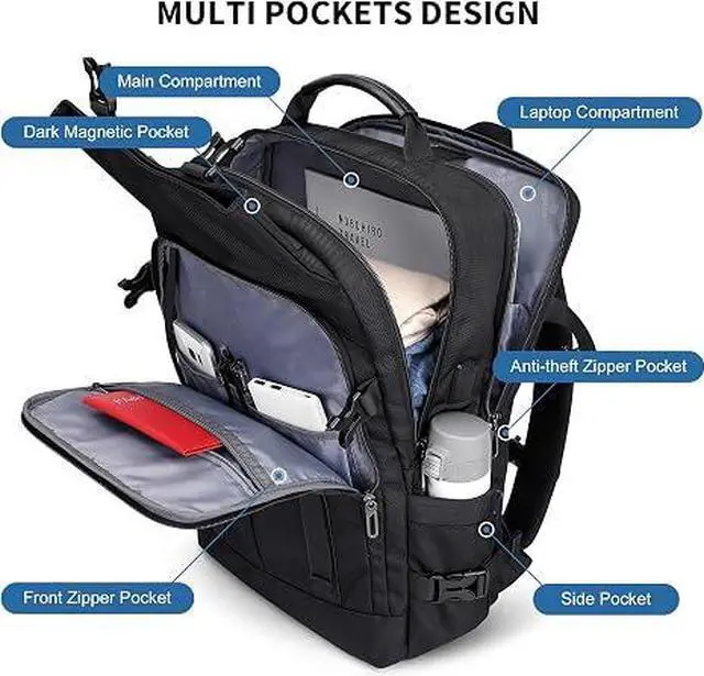 Alt view image 3 of 7 - Travel Laptop Backpack for Men Fits 16 inch Laptop | Nylon Carry-on Airline Approved, USB Charging Port, 26L Capacity, For Vacation, Weekend, Overnight Trip, B716 Black