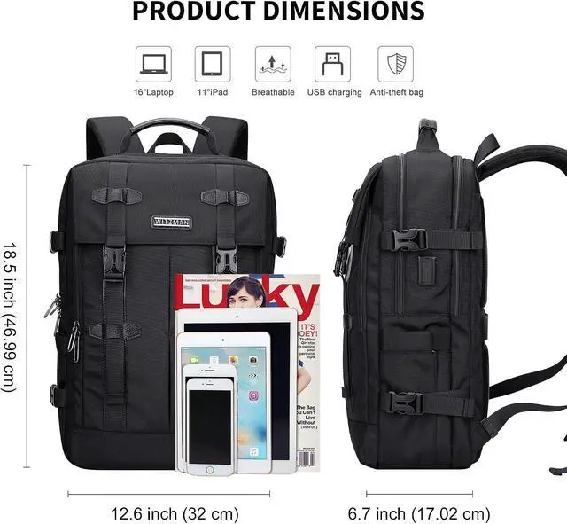 Alt view image 7 of 7 - Travel Laptop Backpack for Men Fits 16 inch Laptop | Nylon Carry-on Airline Approved, USB Charging Port, 26L Capacity, For Vacation, Weekend, Overnight Trip, B716 Black