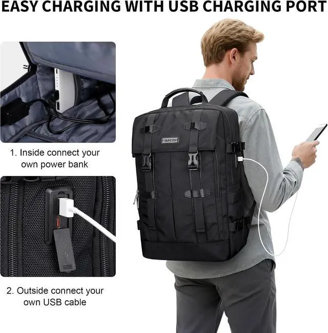 Alt view image 6 of 7 - Travel Laptop Backpack for Men Fits 16 inch Laptop | Nylon Carry-on Airline Approved, USB Charging Port, 26L Capacity, For Vacation, Weekend, Overnight Trip, B716 Black