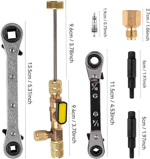 Alt view image 2 of 7 - Valve Core Remover Installer Tool and HVAC Service Wrench Set with Hex Bit Adapters, Dual Size SAE 1/4 to 5/16 Port, 5/16'', 3/8'' Refrigeration Service Wrench, 10 Valve Core