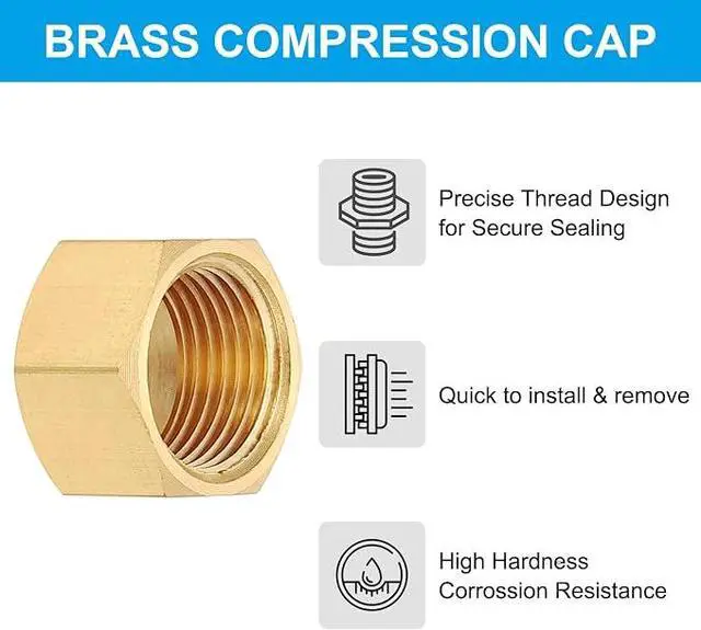 Alt view image 3 of 5 - 5/16" Brass Compression Stop Valve Cap, 10Pcs Hex Thread Pipe Fitting Tubing Ends Sealing for Air Conditioner, Water, Air, Gas Line