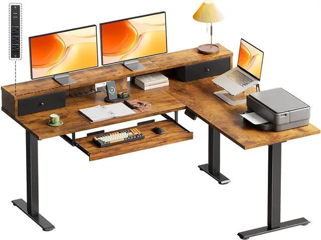 Main image of 59 Inch L Shaped Electric Standing Desk with Drawers, Monitor Stand, Keyboard Tray, Fabric Drawer, Power Outlets, Height Adjustable Corner Stand Up Desk for Organized Home Office Rustic Brown
